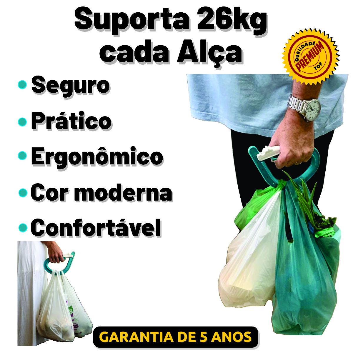 Pega Sacola suporta 26 kg por alça — seguro, prático e ergonômico